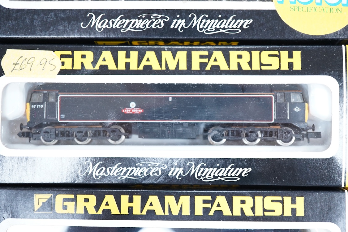 Four boxed Graham Farish N gauge railway Class 47 diesel locomotives; a Waterman Railways Heritage Class, Lady Godiva 47 710 (8022), a Network SouthEast, 47 598 (8024), a Rail Express, 47 594 (8025) and a Railfreight Dis